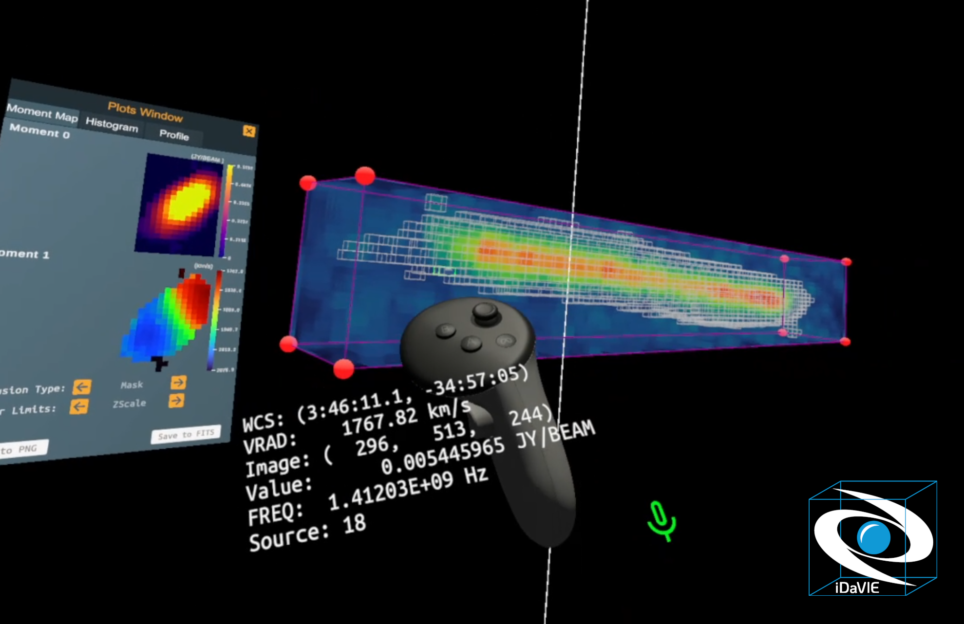 A researcher exploring a three-dimensional astronomical data cube inside iDaVIE