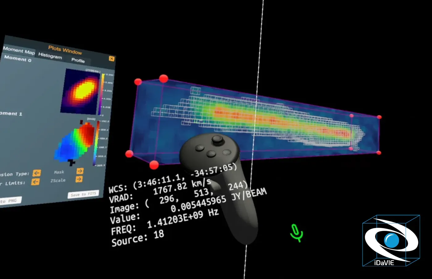 A three-dimensional astronomical data cube rendered volumetrically inside iDaVIE
