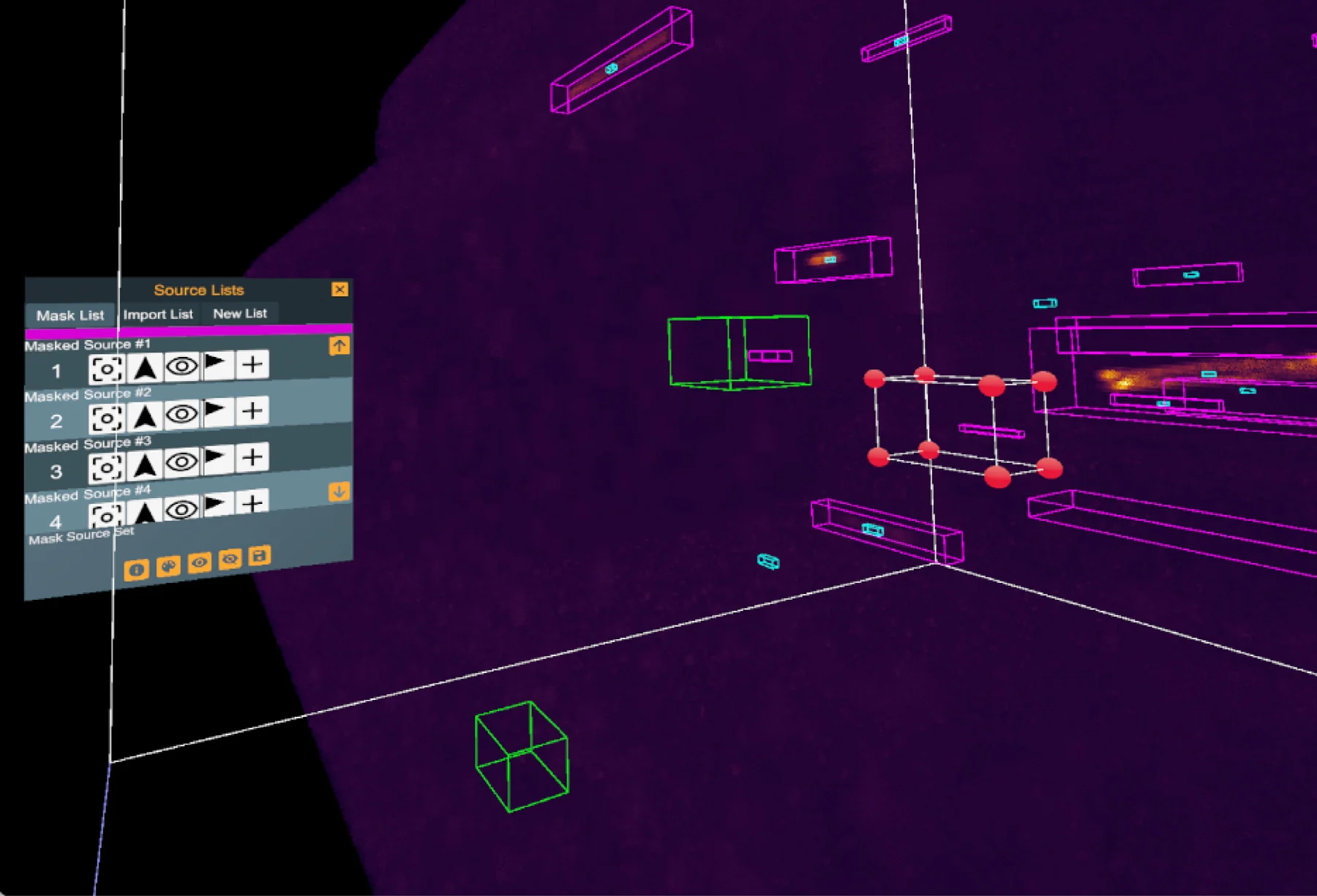 Several types of Feature overlaying a data cube: magenta boxes from a loaded mask, cyan boxes imported from a catalogue and green user-defined boxes