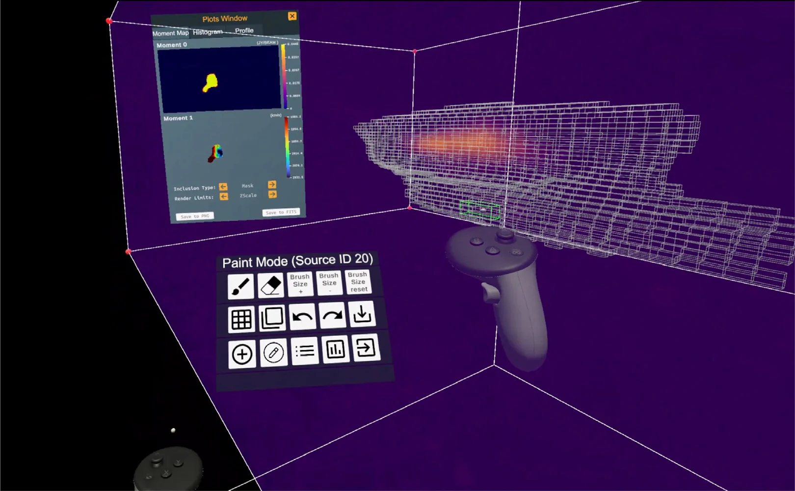 Mask painting mode in iDaVIE, with masked voxels outlined in wireframe, a paint menu on the secondary controller and a plots window showing the resulting moment maps