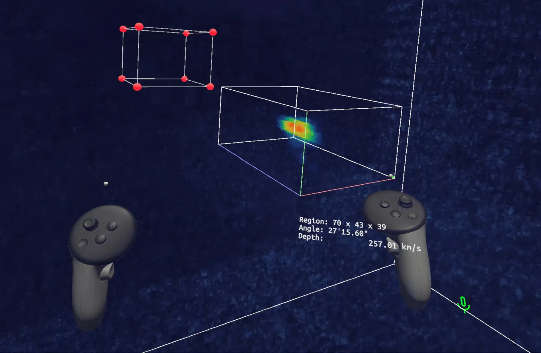 A selection box drawn around a region of a data cube in virtual reality, with the controller cursor showing the region dimensions, sky angle and velocity depth
